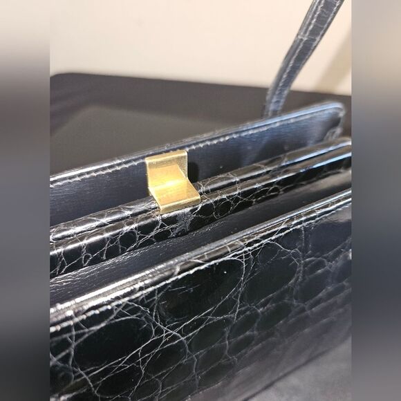 Vintage 1950's Escort Bag Black Croc Embossed Leather Small Tote - Picture 9 of 11